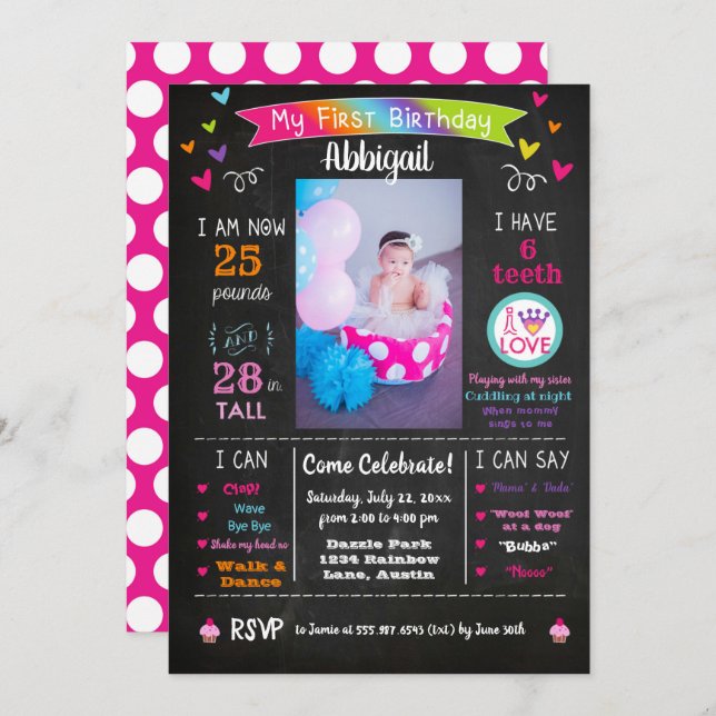 Chalkboard First Birthday Milestones Rainbow Invitation (Front/Back)