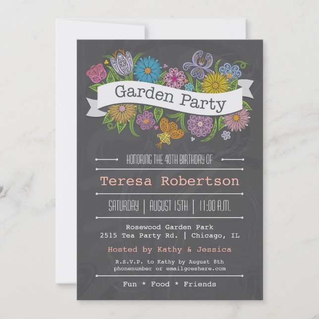 Chalkboard Floral Banner Garden Party Invitation (Front)