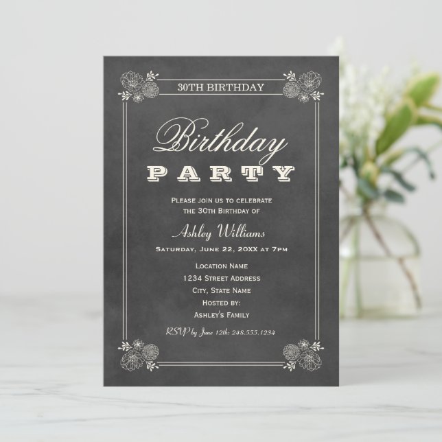 Chalkboard Floral Birthday Party Invitation (Standing Front)