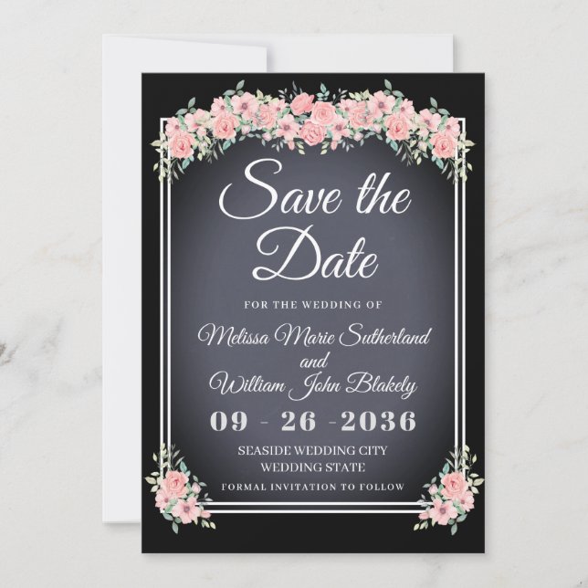 Chalkboard Floral Black Wedding Save The Date (Front)