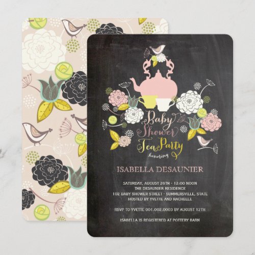 Chalkboard Floral Blooms &amp; Birds Baby Shower Party Invitation