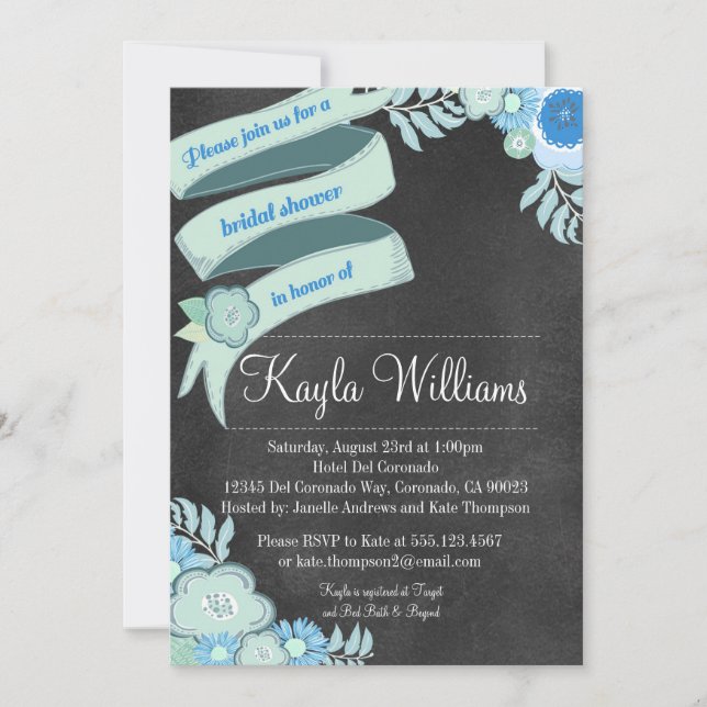 Chalkboard Floral Bridal shower invitation Teal (Front)