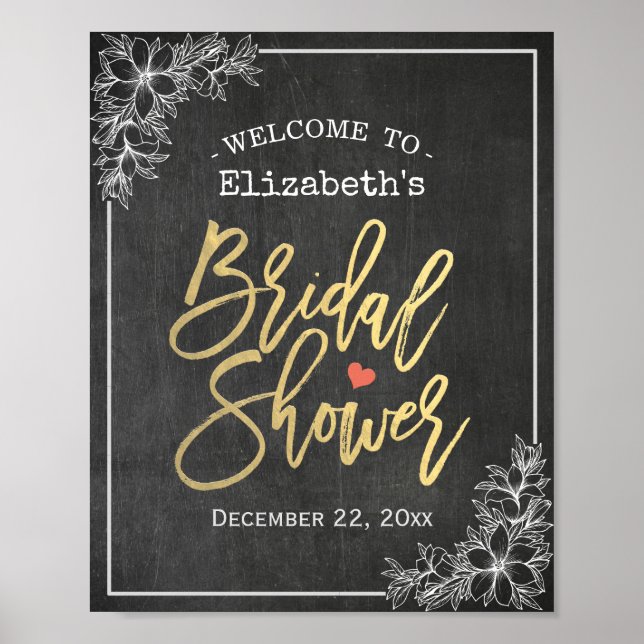 Chalkboard Floral Bridal Shower Welcome Reception Poster (Front)