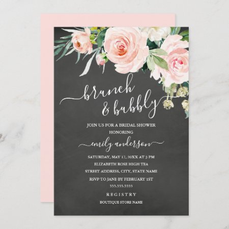 Chalkboard Floral Brunch And Bubbly Bridal Shower Invitation