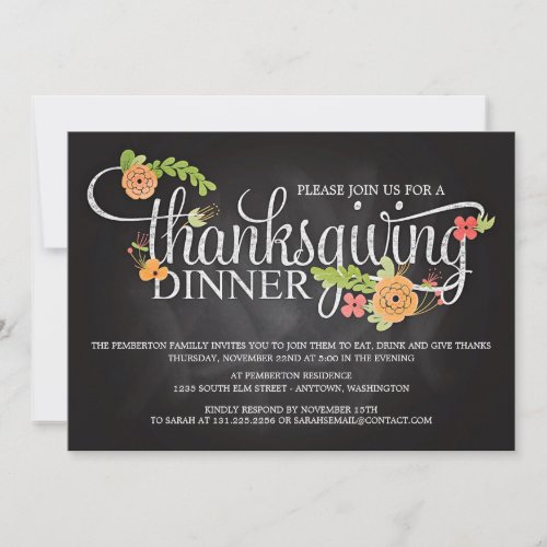 Chalkboard Floral Elegant Thanksgiving Dinner Personalized Invitation