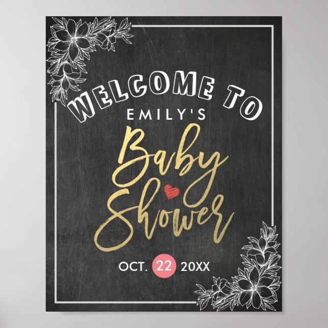 Chalkboard Floral Frame Baby Shower Welcome Sign (Front)