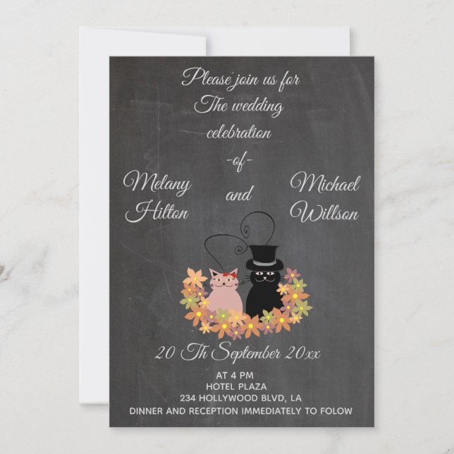 Chalkboard floral funny cute cat couple wedding invitation (Front)