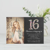 Chalkboard Floral Girls 16th Birthday Party Invite (Standing Front)