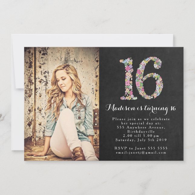 Chalkboard Floral Girls 16th Birthday Party Invite (Front)
