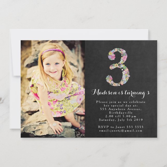 Chalkboard Floral Girls 3rd Birthday Party Invite (Front)