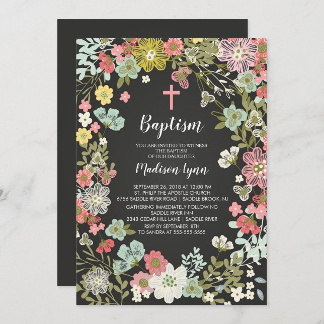 Chalkboard Floral GIRLS Baptism Invitation (Front/Back)