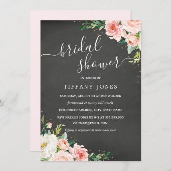 Chalkboard Floral Gold Blush Bridal Shower Invitation by LittleBayleigh at Zazzle