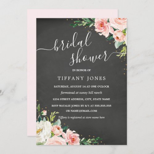 Chalkboard Floral Gold Blush Bridal Shower Invitation