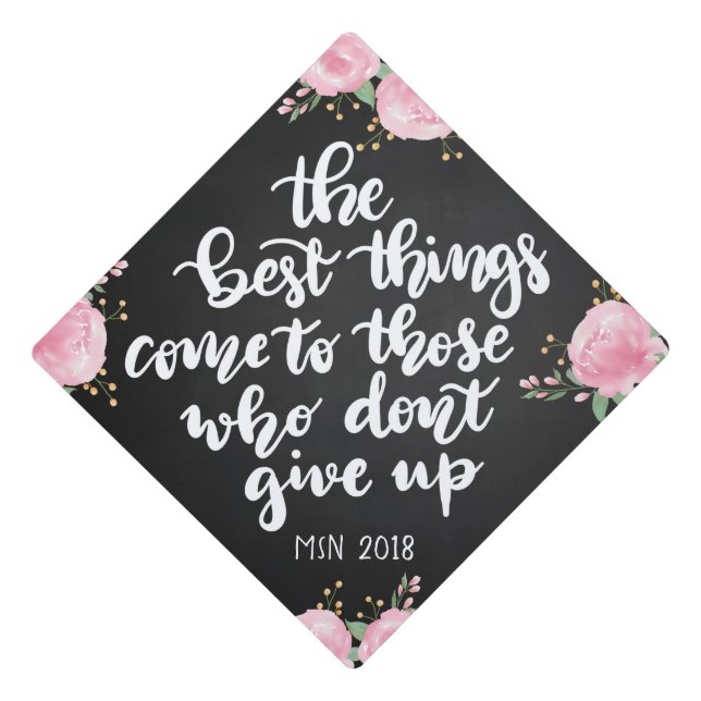 Chalkboard Floral Graduation Handwritten Script Cap Topper (Front)