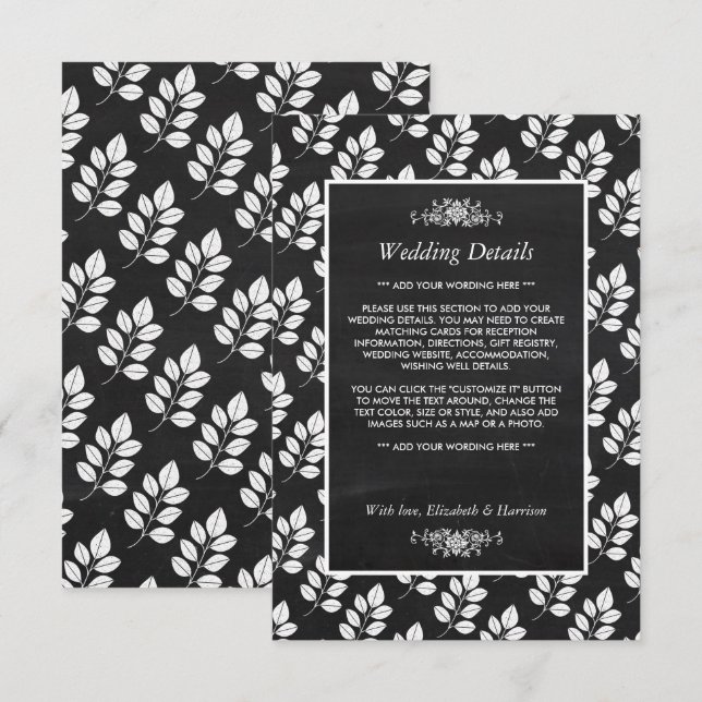 Chalkboard Floral Leaf Wedding Detail Enclosure Card (Front/Back)
