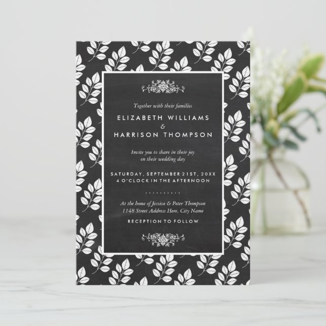 Chalkboard Floral Leaf Wedding Invitation (Standing Front)