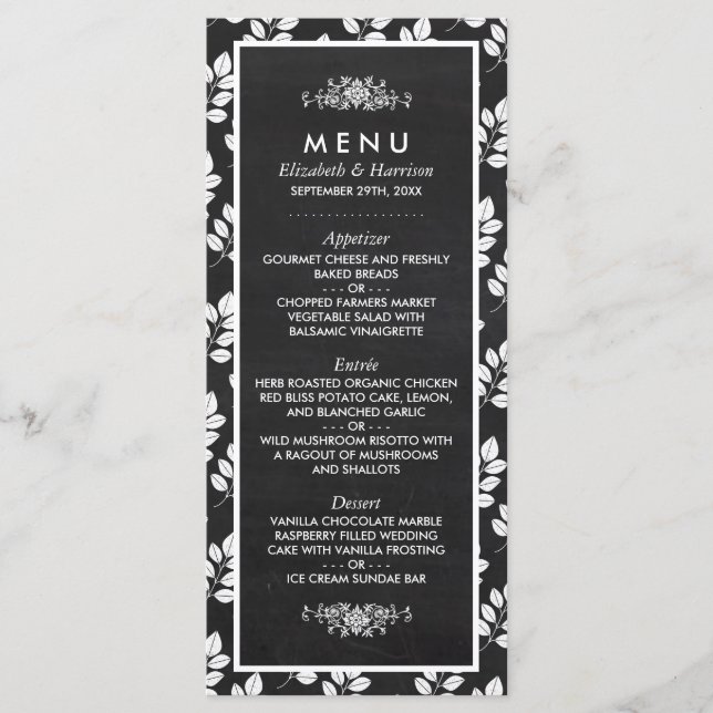 Chalkboard Floral Leaf Wedding Menu (Front)