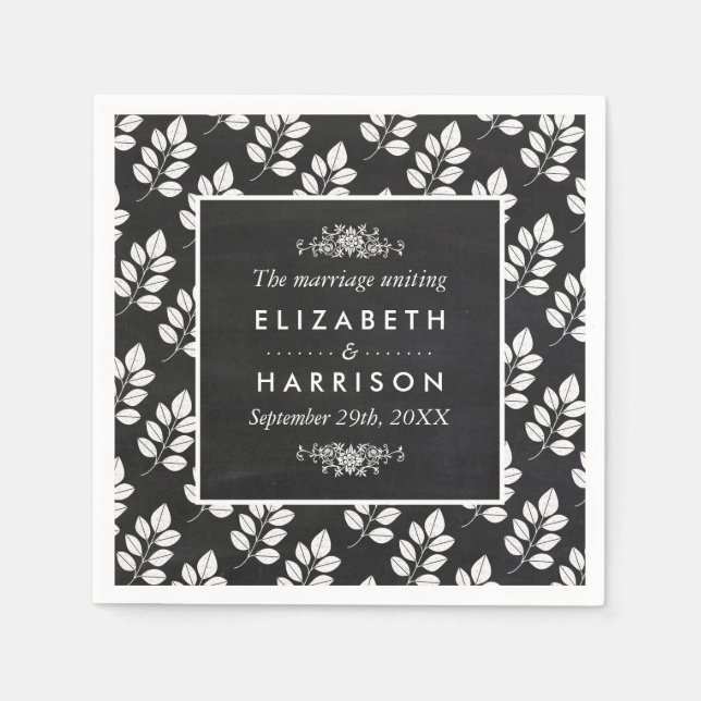 Chalkboard Floral Leaf Wedding Napkins (Front)
