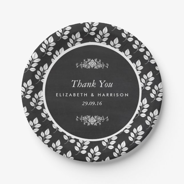 Chalkboard Floral Leaf Wedding Paper Plates (Front)