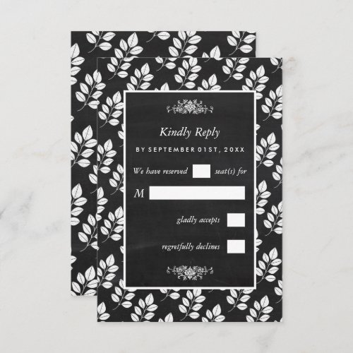 Chalkboard Floral Leaf Wedding RSVP Card