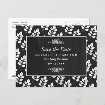Chalkboard Floral Leaf Wedding Save The Date Postcard by StampedyStamp at Zazzle