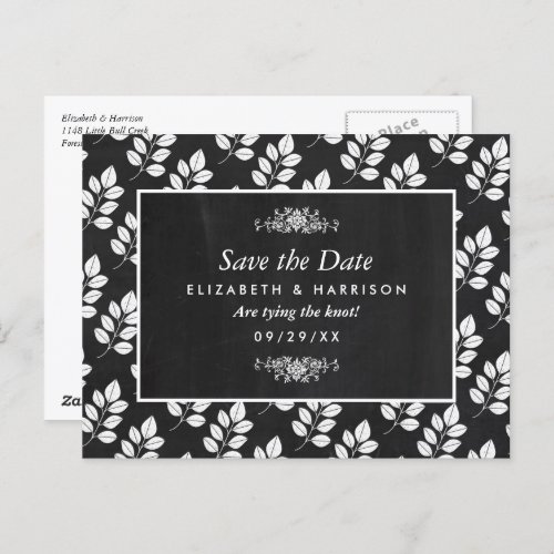 Chalkboard Floral Leaf Wedding Save The Date Postcard