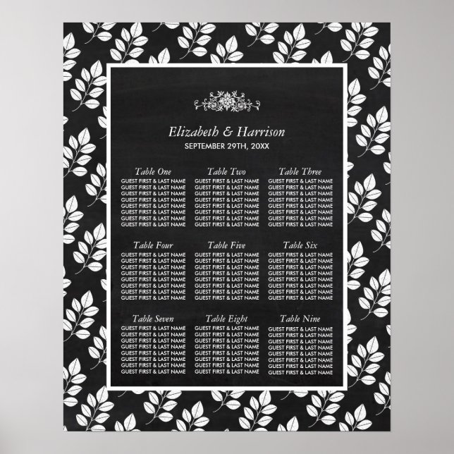 Chalkboard Floral Leaf Wedding Seating Chart (Front)