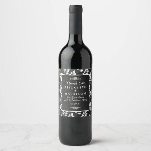 Chalkboard Floral Leaf Wedding Wine Label