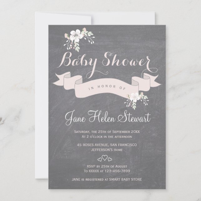 Chalkboard floral light pink ribbon baby shower invitation (Front)
