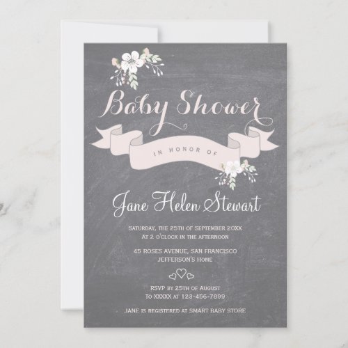 Chalkboard floral light pink ribbon baby shower invitation