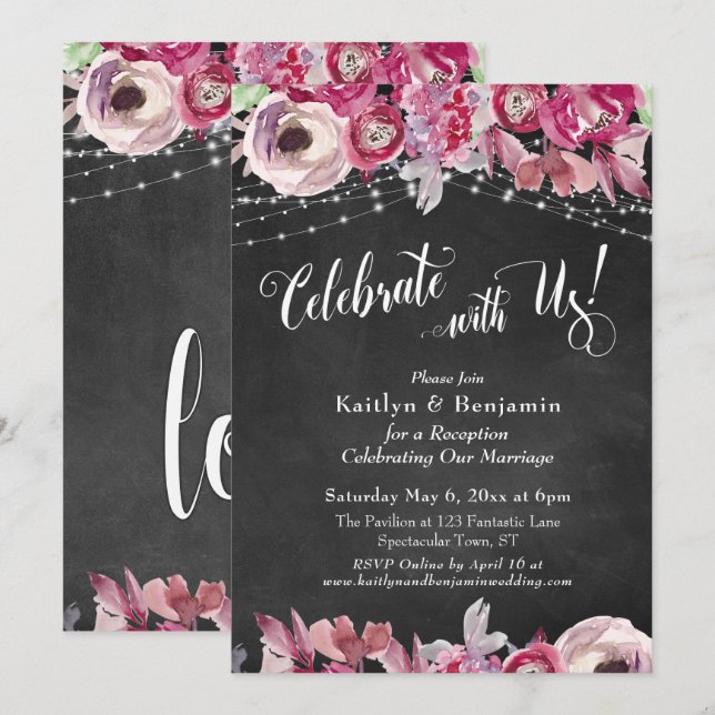 Chalkboard Floral Lights Celebrate with Us! Party Invitation (Front/Back)