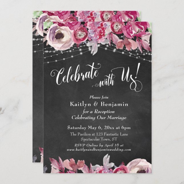 Chalkboard Floral Lights Celebrate with Us! Party Invitation (Front/Back)