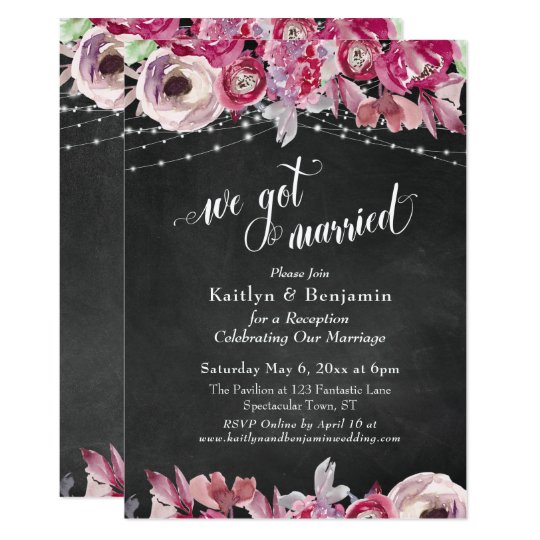 Chalkboard Floral Lights Wedding Reception Only Invitation