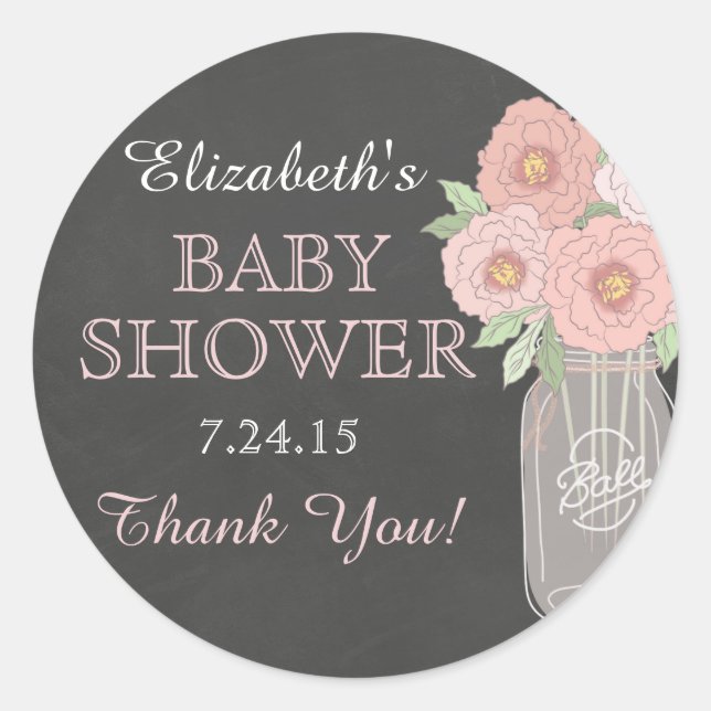 Chalkboard Floral Mason Jar Baby Shower Sticker (Front)