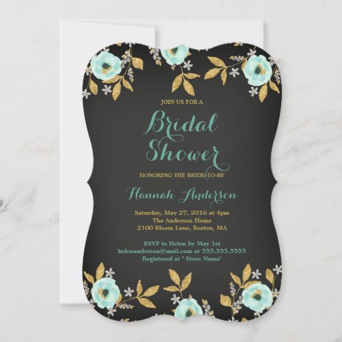 Chalkboard Floral Mint Gold Bridal Shower Invitation