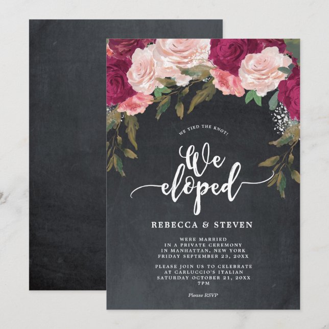 chalkboard floral modern we eloped invitation (Front/Back)