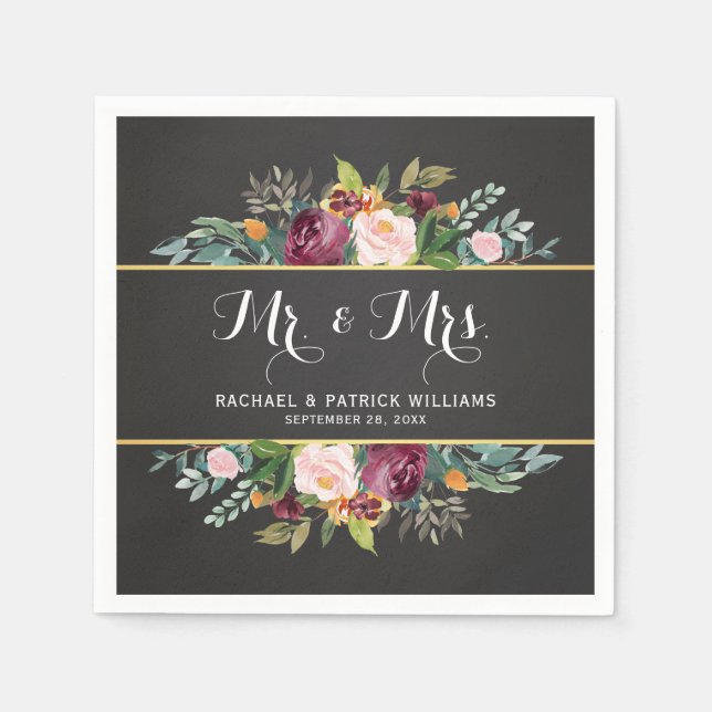Chalkboard Floral Mr. and Mrs. Wedding Napkins (Front)