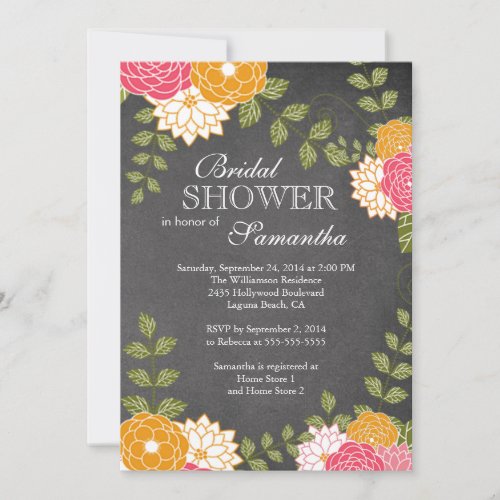 Chalkboard Floral Mums Flower Bridal Shower Invitation