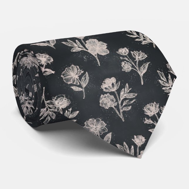 Chalkboard Floral Pattern Neck Tie (Rolled)