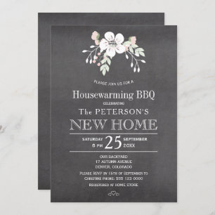 Chalkboard floral rustic housewarming bbq invitation