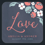 Chalkboard Floral Save the Date Love Wedding Square Sticker<br><div class="desc">This Love square sticker features beautiful floral against a bluish chalkboard background, with the word "Love" in modern script font. Use it to seal your Save the Date envelopes or for decoration. Check out other matching Wedding/Bridal items in my collection here -> http://www.zazzle.com/collections/bluish_chalkboard_floral_bridal_and_wedding-119872540777216768?rf=238364477188679314 Personalize it with your details by replacing...</div>