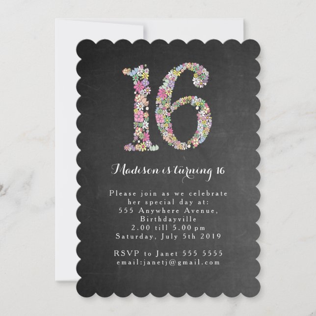 Chalkboard Floral Sweet 16 Birthday Party Invite (Front)