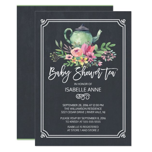 Chalkboard Floral Tea Party Neutral Baby Shower Invitation