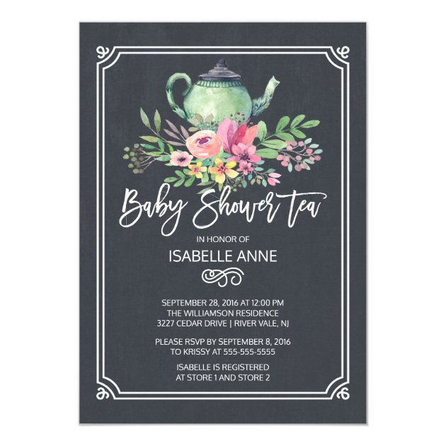 Chalkboard Floral Tea Party Neutral Baby Shower Invitation