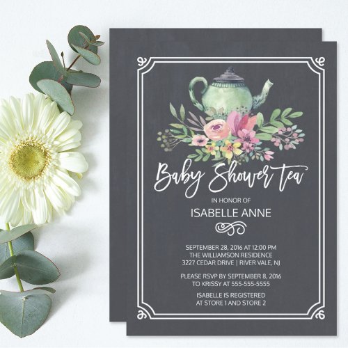 Chalkboard Floral Tea Party Neutral Baby Shower Invitation