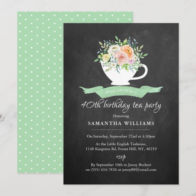 Chalkboard Floral Teacup Birthday Tea Party Invitation (Front/Back)
