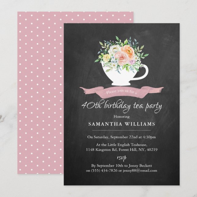 Chalkboard Floral Teacup Birthday Tea Party Invitation (Front/Back)