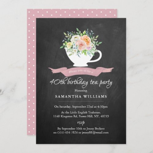 Chalkboard Floral Teacup Birthday Tea Party Invitation