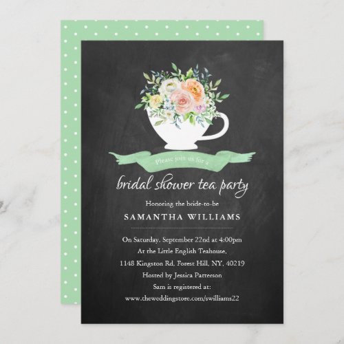 Chalkboard Floral Teacup Bridal Shower Tea Party Invitation