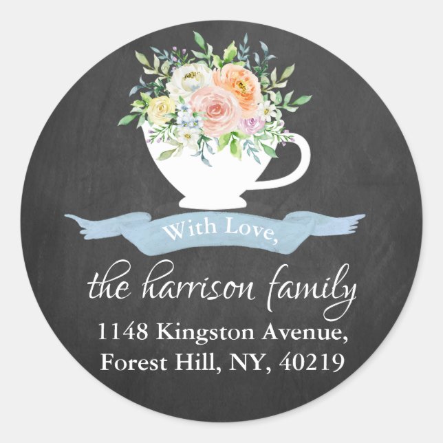 Chalkboard Floral Teacup Return Address Classic Round Sticker (Front)